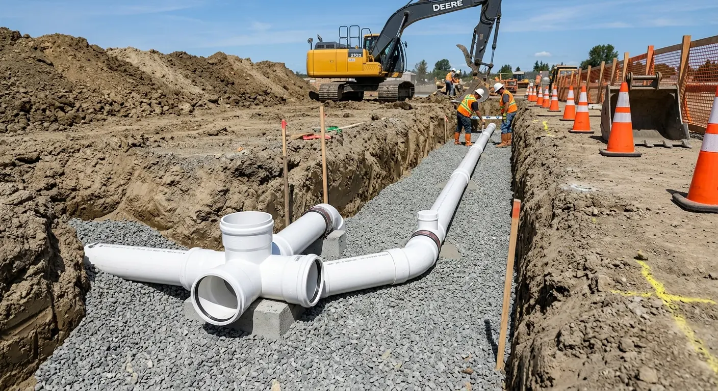 New PVC sewer pipe installation in open trench for Commercial Drain Cleaning in Grandview Heights