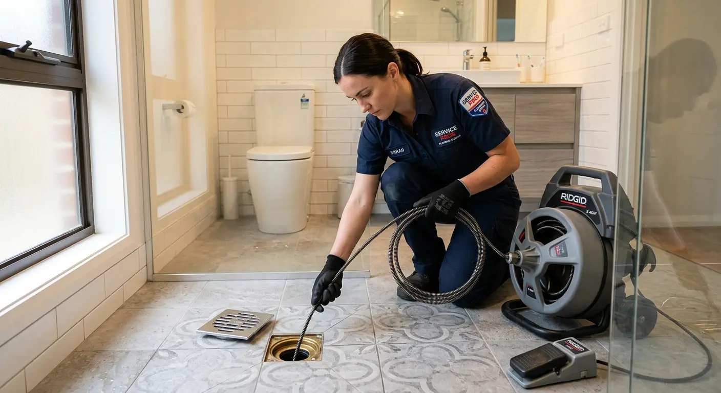 Technician clearing a bathroom floor drain for Sewer Line Replacement in Grandview Heights